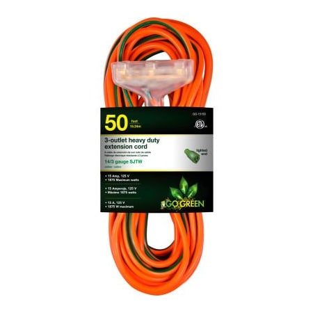 Gogreen SJTW Extension Cord, 14 AWG, Outdoor, 14/3, 3 Outlets, Orange, 50 ft GG-15150